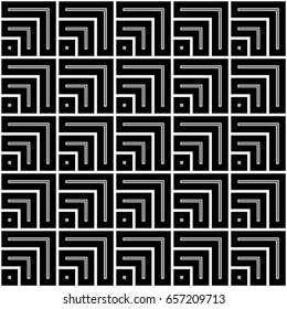 Seamless Chinese window tracery pattern design. Repeated black squares and angle brackets on white background. Interlocking polygons tessellation wallpaper. Ethnic flooring motif. Digital paper.