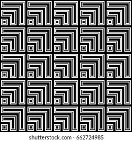 Seamless Chinese window tracery pattern design. Repeated white squares and angle brackets on black background. Interlocking polygons tessellation wallpaper. Ethnic flooring motif. Digital paper art.