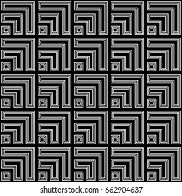 Seamless Chinese window tracery pattern design. Repeated white squares and angle brackets on black background. Interlocking polygons tessellation wallpaper. Ethnic flooring motif. Digital paper art.