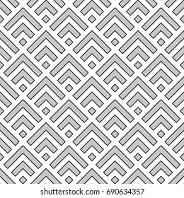 Seamless Chinese window tracery pattern design. Repeated grey rhombuses and angle brackets on white background. Scallop ornament. Image with scales. Ancient japanese scallops motif. Squama. Vector art