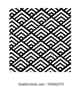 Seamless Chinese window tracery pattern design. Repeated white rhombuses and angle brackets on black background. Scallop ornament. Image with scales. Ancient japanese scallops motif.  Vector