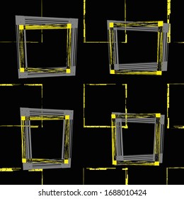 Seamless Chinese window tracery surface pattern design.  yellow squares, angle brackets, lines on black background. Ancient ethnic ornament wallpaper. Oriental motif, textile print. Vector art.