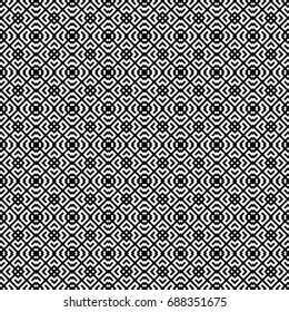 Seamless Chinese window tracery surface pattern design. Repeated white diamonds, brackets, chevrons on black background. Ancient ethnic ornament wallpaper. Oriental motif, textile print. Vector art.