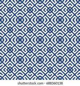 Seamless Chinese window tracery surface pattern design. Repeated white diamonds, brackets, chevrons on blue background. Ancient ethnic ornament wallpaper. Oriental motif, textile print. Vector art.