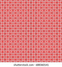 Seamless Chinese window tracery surface pattern design. Repeated white squares, angle brackets on red background. Ancient ethnic ornament wallpaper. Oriental motif, textile print. Vector art image.