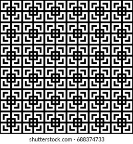 Seamless Chinese window tracery surface pattern design. Repeated white squares, angle brackets on black background. Ancient ethnic ornament wallpaper. Oriental motif, textile print. Vector art.