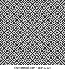 Seamless Chinese window tracery surface pattern. Asian lattice design. Repeated black rhombus scrolls, knots, brackets, diamonds on white background. Ancient ethnic ornament wallpaper. Oriental motif.