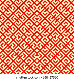 Seamless Chinese window tracery surface pattern. Asian lattice design. Repeated yellow rhombus scrolls, knots, brackets, diamonds on red background. Ancient ethnic ornament wallpaper. Oriental motif.