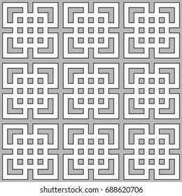 Seamless Chinese window tracery surface pattern design. Repeated grey squares, angle brackets, lines on white background. Ancient ethnic ornament wallpaper. Oriental motif, textile print. Vector art.