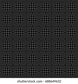 Seamless Chinese window tracery surface pattern design. Repeated white squares, angle brackets on black background. Ancient ethnic ornament wallpaper. Oriental motif, textile print. Vector art.