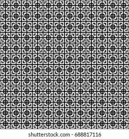 Seamless Chinese window tracery surface pattern design. Repeated white squares, angle brackets on black background. Ancient ethnic ornament wallpaper. Oriental motif, textile print. Vector art.