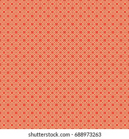 Seamless Chinese window tracery surface pattern design. Repeated yellow diamonds, brackets, chevrons on red background. Ancient ethnic ornament wallpaper. Oriental motif, textile print. Vector art.