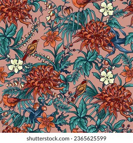 Seamless chinoiserie pattern with branches, flowers and birds. Vector