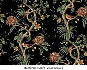 Seamless chinoiserie pattern with branches, flowers and birds. Vector