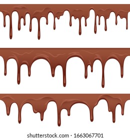 Seamless chocolate borders. Flowing cocoa with drips and drops as a decoration for cakes and pastries