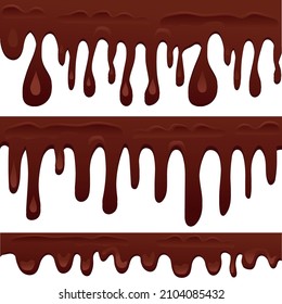 Seamless chocolate borders. Flowing cocoa with drips and drops as a decoration for cakes and pastries