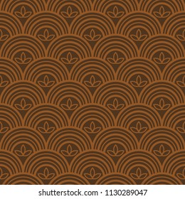 Seamless chocolate brown art deco floral outline fish scale vintage pattern vector