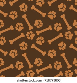 Seamless chocolate brown dog paw prints and bones pattern vector