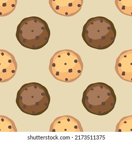 Seamless chocolate chip cookie pattern on beige background. Design vector illustration for Cookie day decor, wallpaper, packaging, print for textile.
