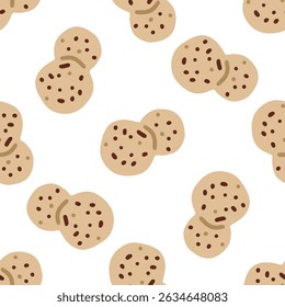 Seamless Chocolate Chip Cookie Pattern — cartoon flat cookies with chocolate chips scattered on white background, perfect for cozy and sweet-themed designs.