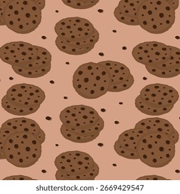 Ilustração de vetor padrão de biscoitos de gotas de chocolate sem costura. Projeto padrão de comida desenhado à mão plana para impressão.