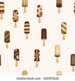 Seamless chocolate ice creams background. Different brown popsicles pattern.