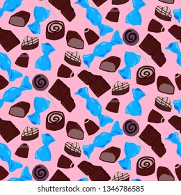 Seamless chocolate pattern on pink background. Hand-drawn