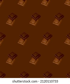 Seamless Chocolate Texture with Milk and Dark Chocolate Cubes. Pattern for Wrapping Paper Fabric and Wallpapers. Vector 3D Realistic Illustration Isolated on Brown Background.