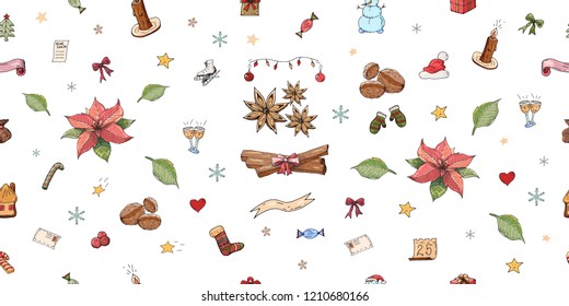 Seamless Chrismas and New Year colorful pattern, including design elements, isolated on white: poinsettia, cinnamon, walnut. Fabric print, poster, paper, sale, flyer, greeting card. Hand drawn doodle.