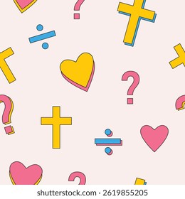 Seamless Christian Pattern. Gospel. Heart, Cross, Question, Division