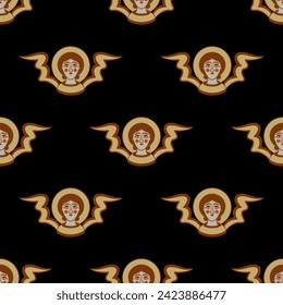 Seamless Christian pattern with heads of medieval angels or cherubs with wings and nimbuses. Holy symbol. On black background.