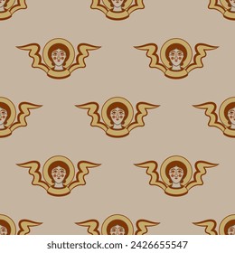 Seamless Christian pattern with heads of medieval angels or cherubs with wings and nimbuses. Holy symbol. On light background.