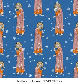 Nahtloses christliches Muster mit mittelalterlichen Bildern von Jesus Christus und Schneeflocken. Weihnachtsdekoration im Winter.