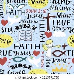 Seamless christian pattern with words Bible, Glory, faith, Alleluia, Jesus, John 3 16 and crosses and angel . Ministry . Biblical background.  Sunday school. Scripture print. Symbol