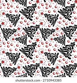 Seamless Christmas abstract pattern of fir trees with a black outline and red balls on a white background, vector