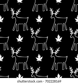 seamless christmas and autumn pattern with hand drawn deers and leaves.Can be used for design of wrapping paper,textile, blog decoration, banner, poster,or greeting card.Vector illustration.