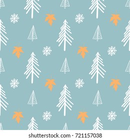seamless christmas and autumn pattern with hand drawn firs and leaves.Can be used for design of wrapping paper,textile, blog decoration, banner, poster,or greeting card.Vector illustration.