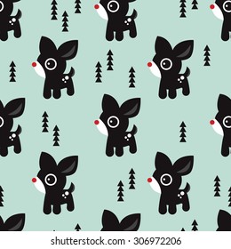 Seamless christmas baby cute red nose reindeer illustration and christmas tree holidays background pattern in vector