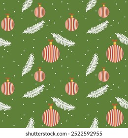 Seamless Christmas background with Christmas balls, Christmas tree branches, snowflakes. Green Christmas background. Winter pattern.