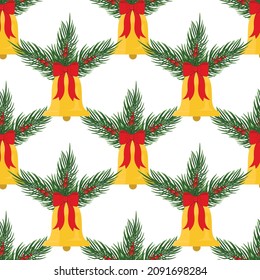 Seamless Christmas background with Christmas bell and coniferous branches