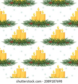 Seamless Christmas background with Christmas candles in fir branches