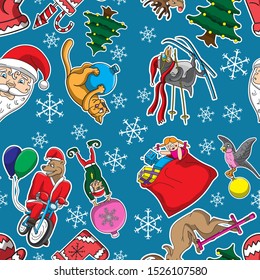 Seamless Christmas background with cartoon characters snowflakes on blue background. Vector image. eps 10