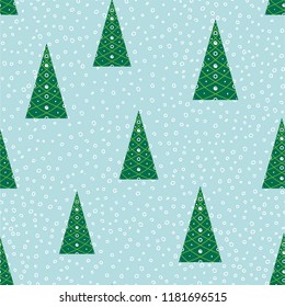 Seamless Christmas background with colorful christmas trees and random scatter falling snowflakes.