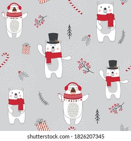 Seamless christmas background with cute bears and christmas ornament with red and silver colored, vector illustration
