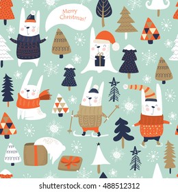 Seamless christmas background with cute bunnies and trees in cartoon style