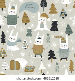 Seamless christmas background with cute bunnies and trees in cartoon style