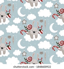 Seamless Christmas background with cute bunny, clouds, christmas balls, candies. Vector illustration.