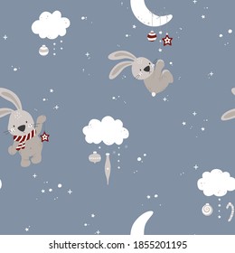 Seamless Christmas background with cute bunny, clouds, christmas balls, candies. Vector illustration.