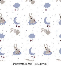 Seamless Christmas background with cute bunny, clouds, christmas balls, candies. Vector illustration.