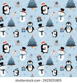 Seamless Christmas background with cute characters